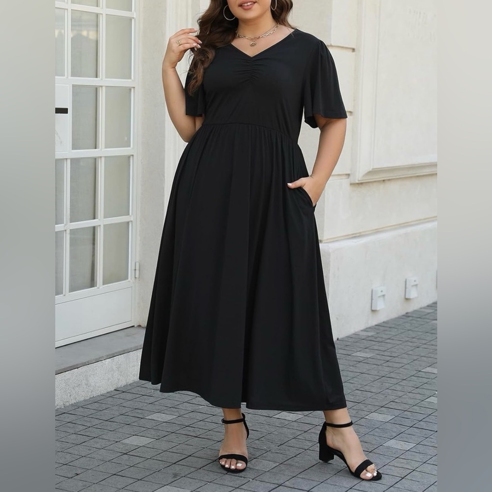 Keluummi Plus Size 20 Wedding Guest Maxi Dress Flutter Sleeve Ruched Front